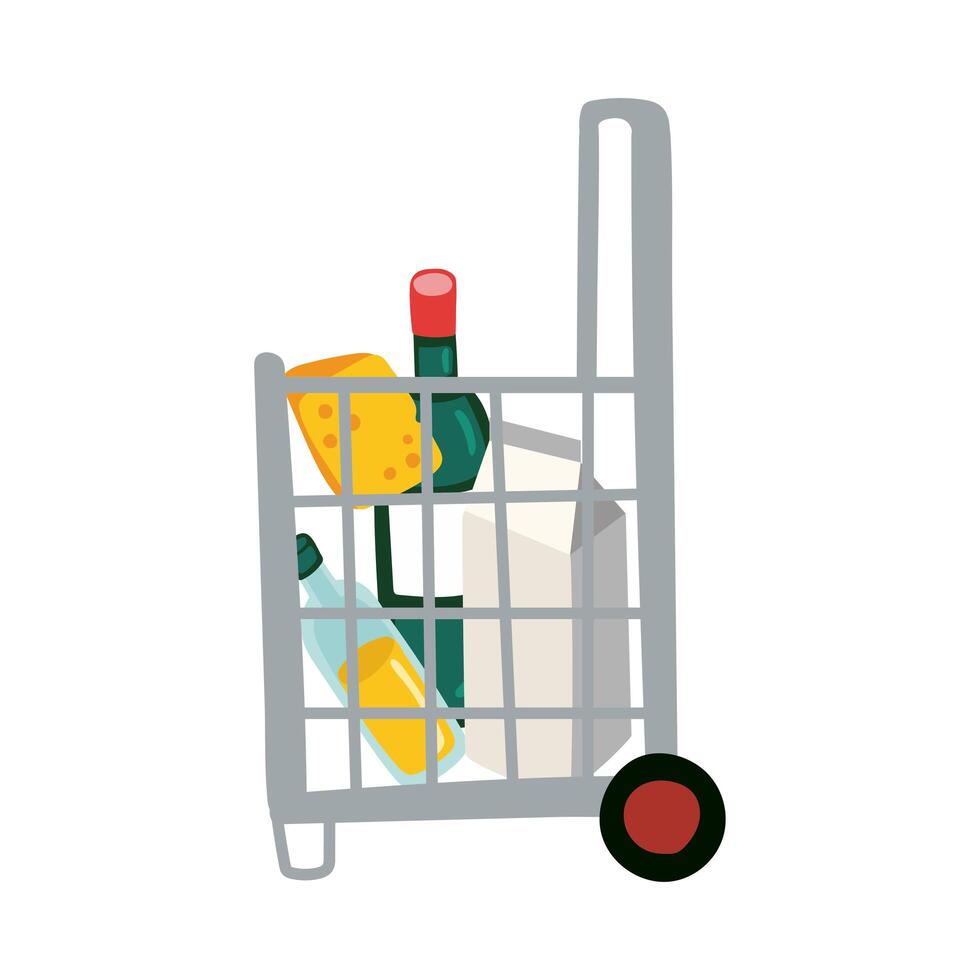 groceries in shopping basket with wheels free form style vector