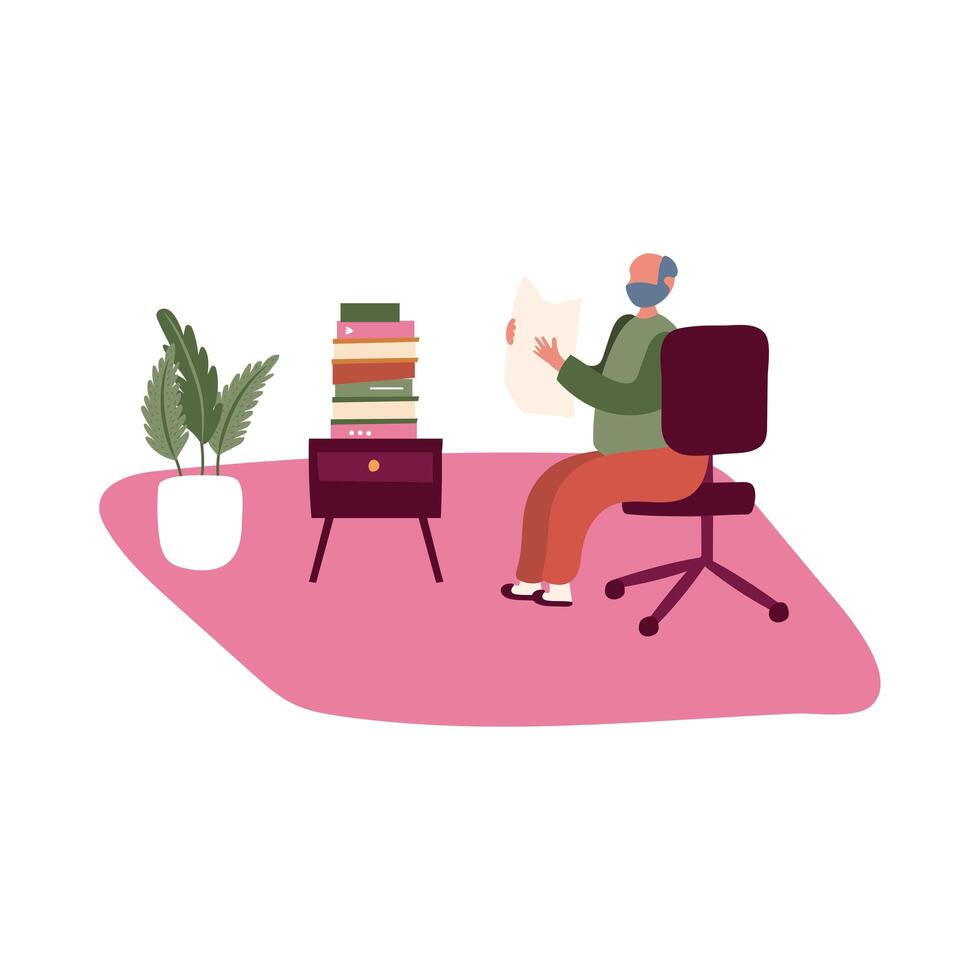 elderly man reading newspaper in home activity free form style vector