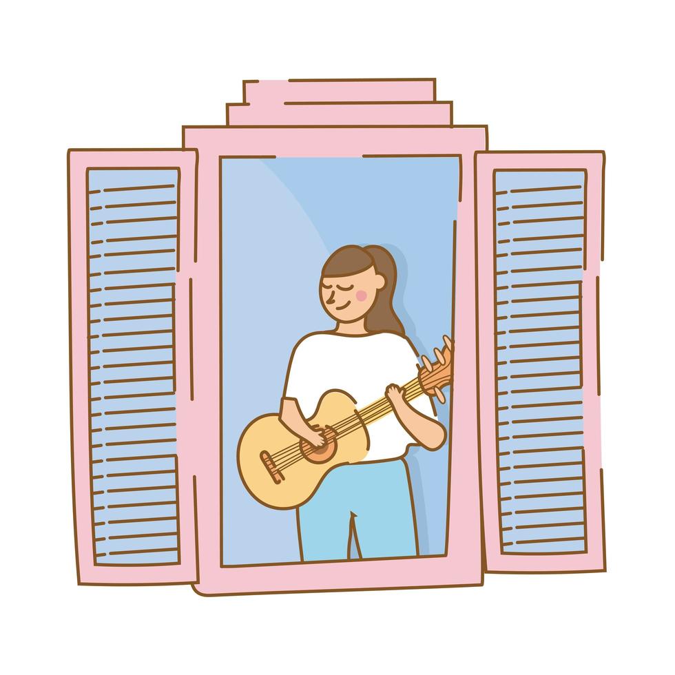 Mujer tocando la guitarra en la ventana del apartamento para el estilo de forma libre de cuarentena vector