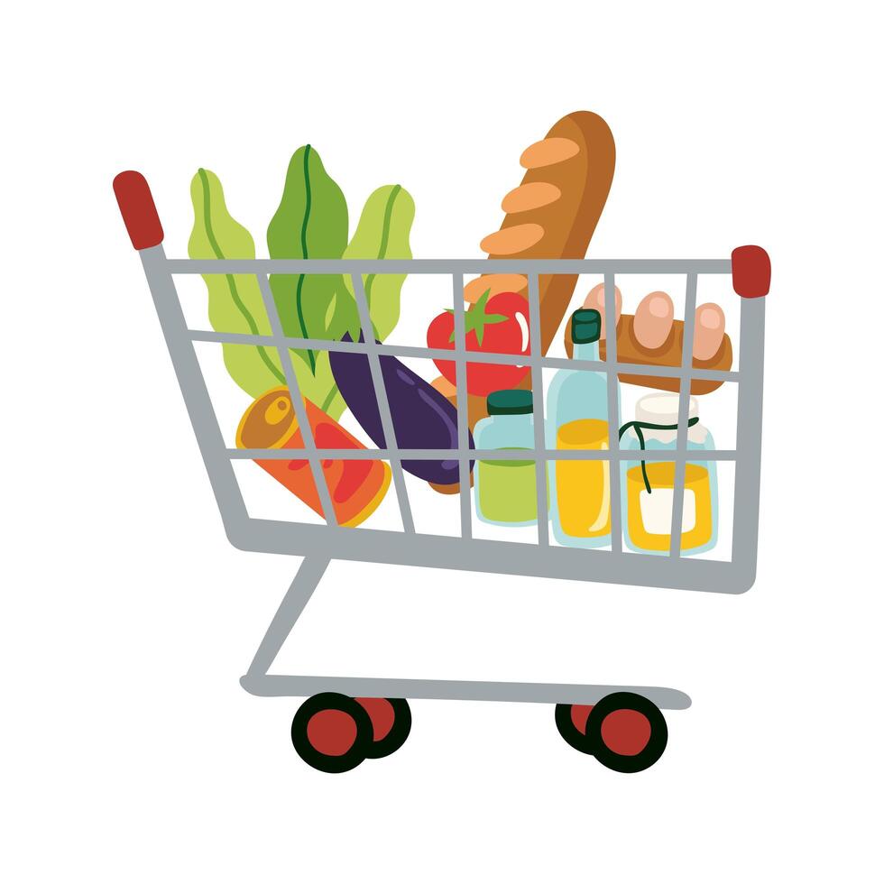 groceries in shopping cart free form style vector