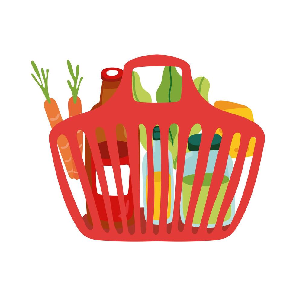 groceries in plastic basket free form style vector