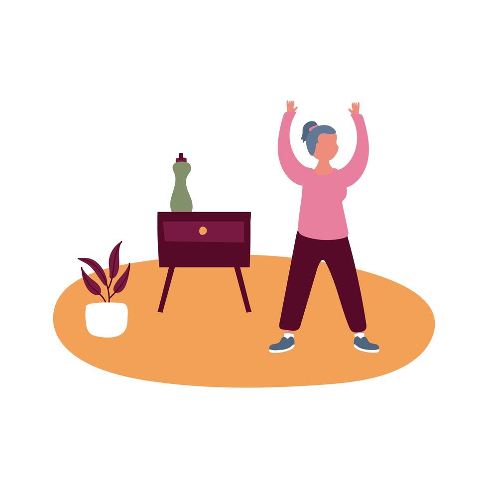 Anciana practicando ejercicio en casa estilo de forma libre actividad vector