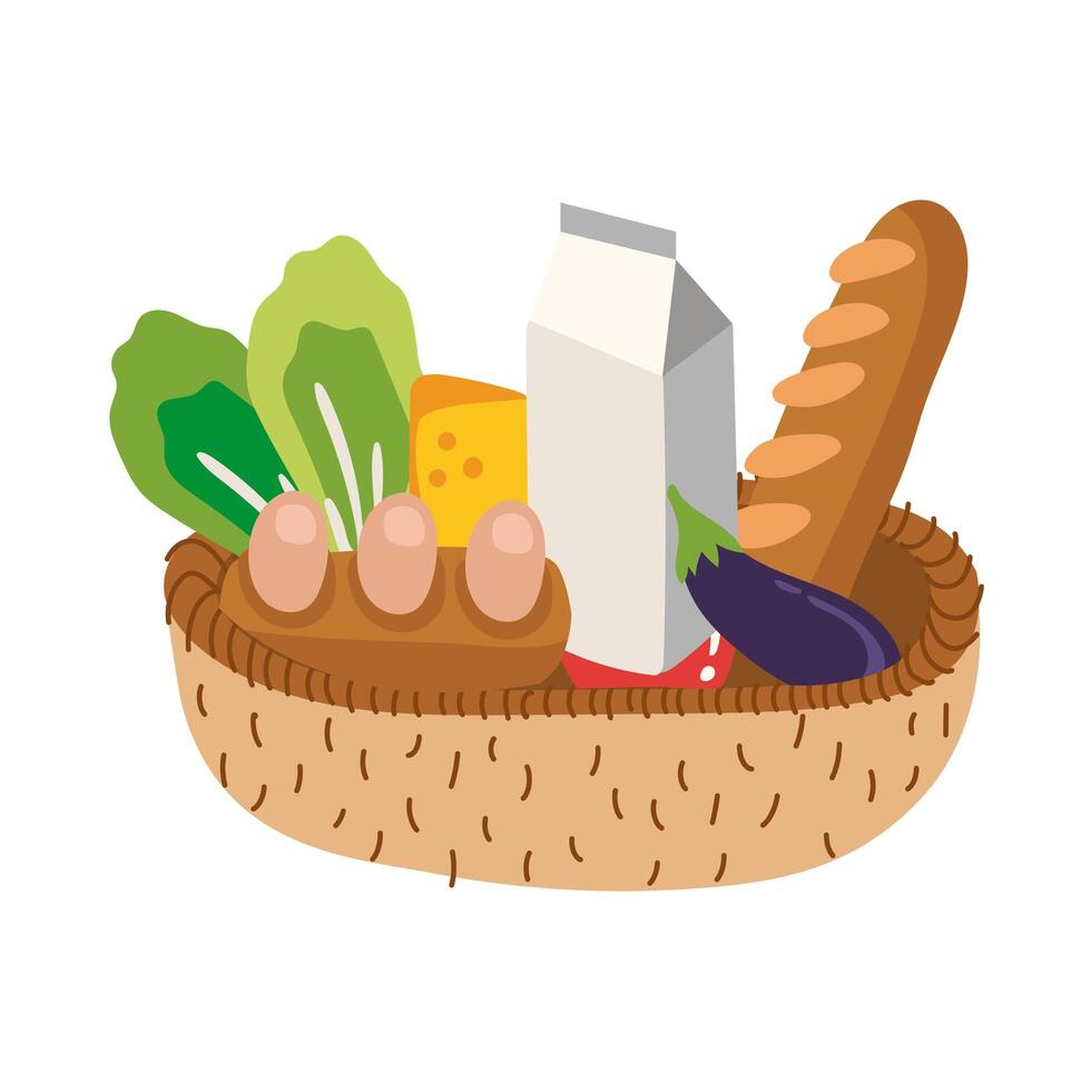 groceries in straw basket free form style vector