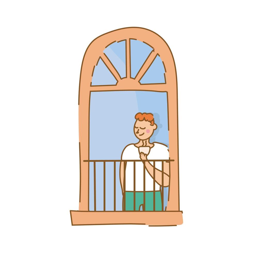 man drinking coffee in apartment window for quarantine free form style vector