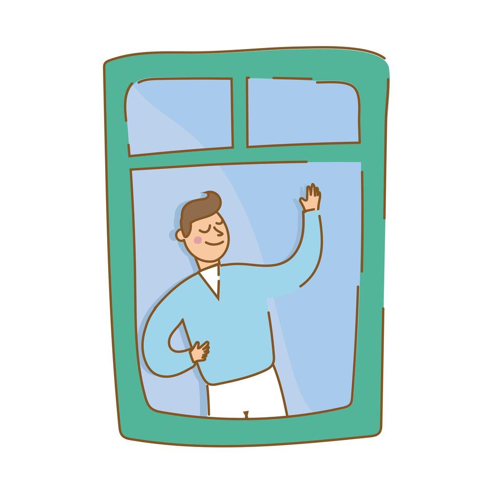 Hombre saludando en la ventana del apartamento para estilo de forma libre de cuarentena vector