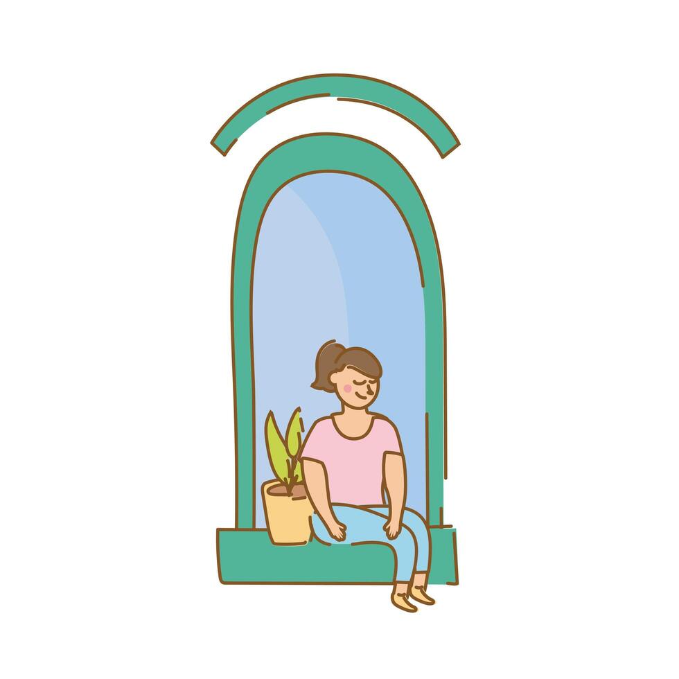 Mujer sentada en la ventana del apartamento con planta de interior para estilo de forma libre de cuarentena vector