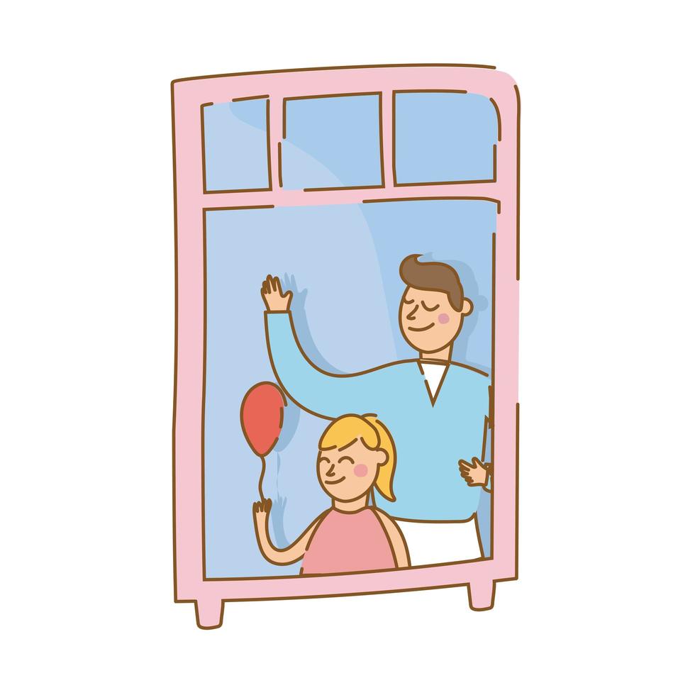 father and daughter with balloon in apartment window for quarantine free form style vector