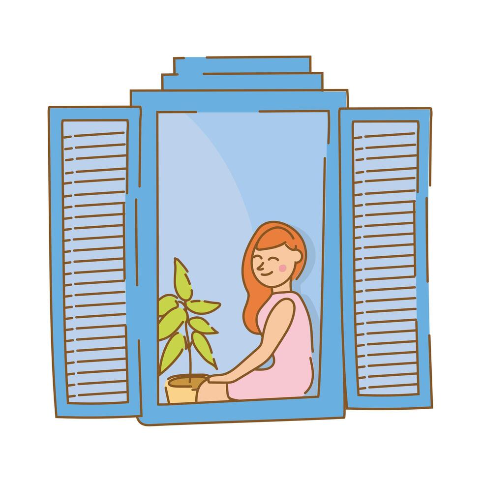 Mujer sentada en la ventana del apartamento para estilo de forma libre de cuarentena vector