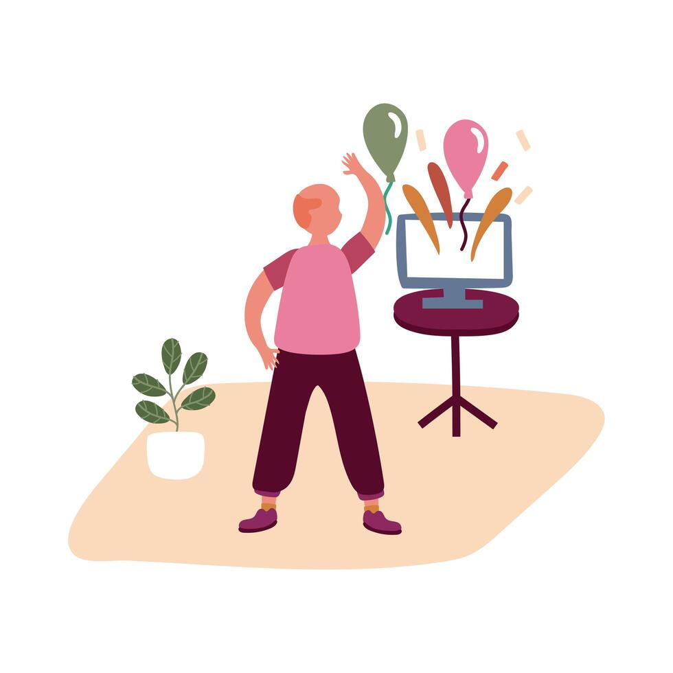 elderly man celebrating party online in home activity free form style vector