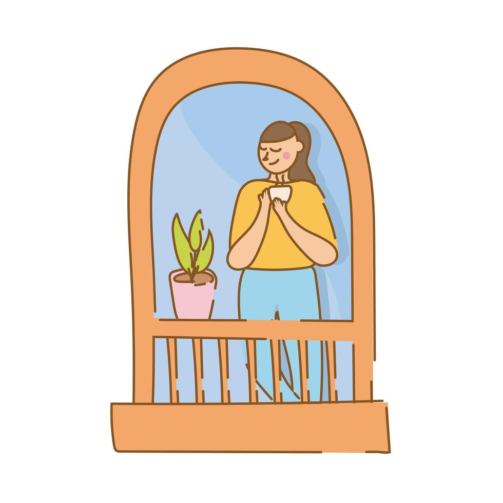 woman drinking coffee in apartment window for quarantine free form style vector