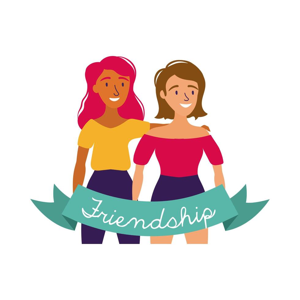 happy friendship day celebration with couple of girls pastel hand draw style vector