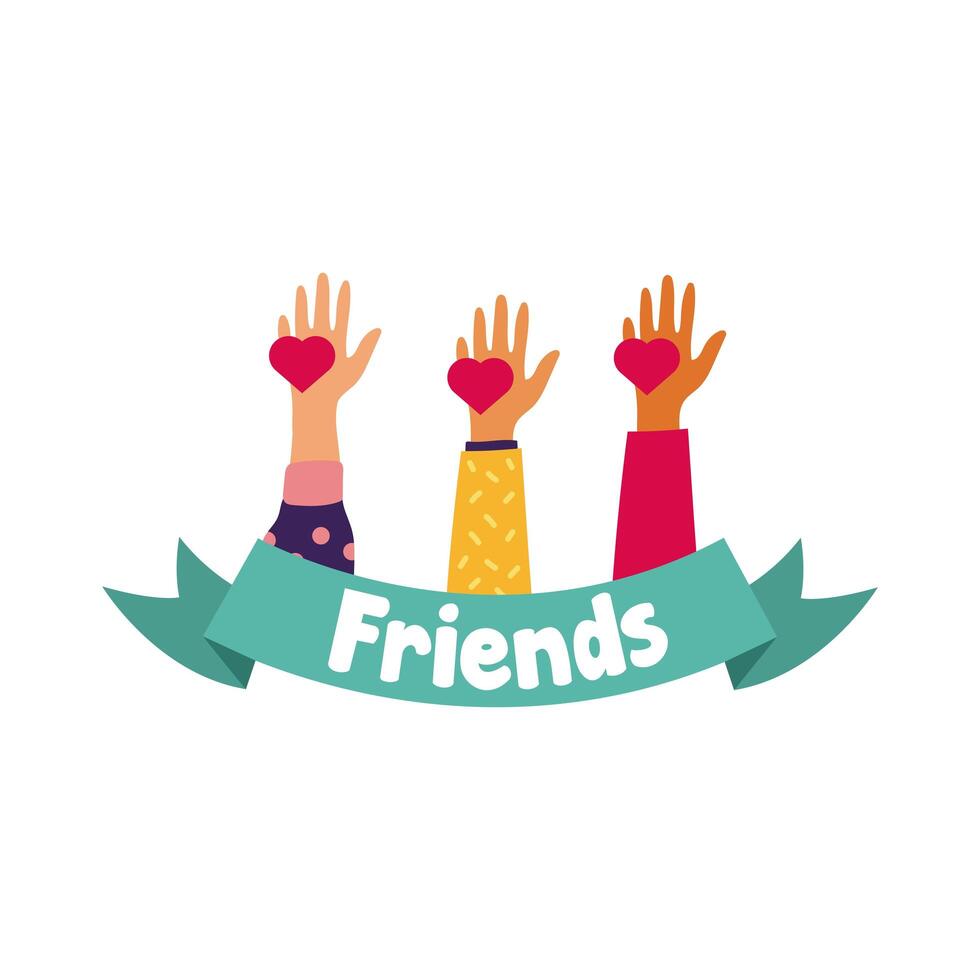 happy friendship day celebration with hands lifting hearts pastel hand draw style vector