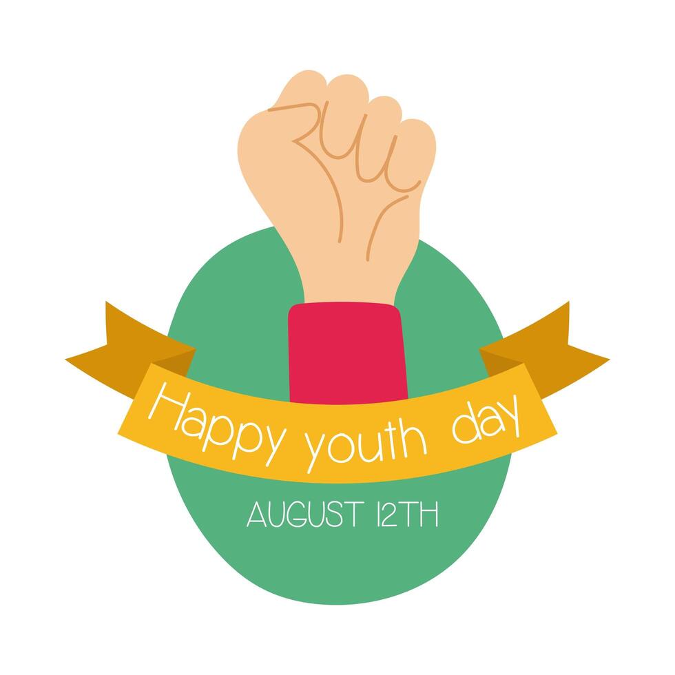 happy youth day lettering with hand fist symbol flat style vector