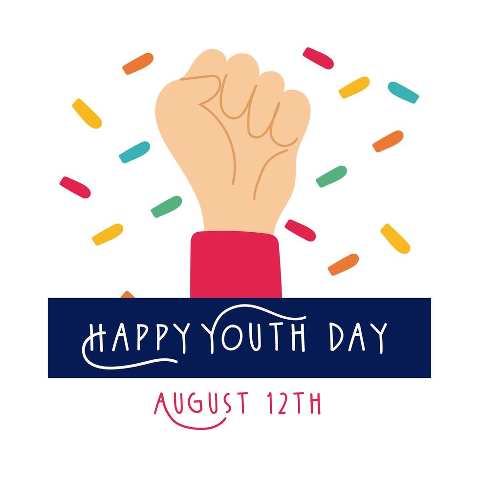 happy youth day lettering with hand fist symbol flat style vector