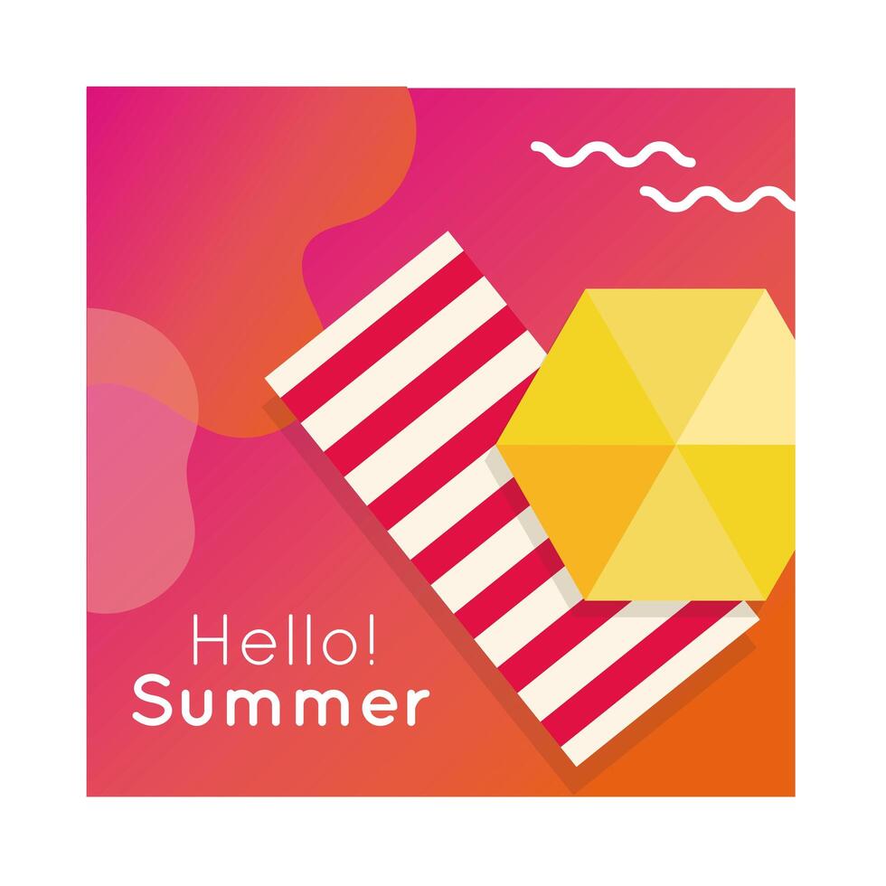 hola verano colorido banner con toalla de playa y sombrilla vector