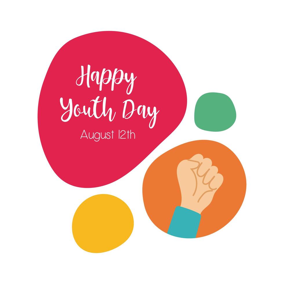 happy youth day lettering with hand fist symbol flat style vector