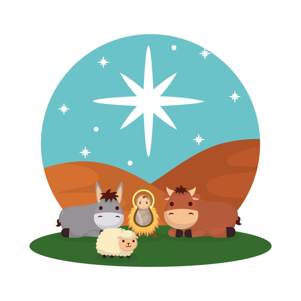 jesus baby with mule and ox manger characters vector