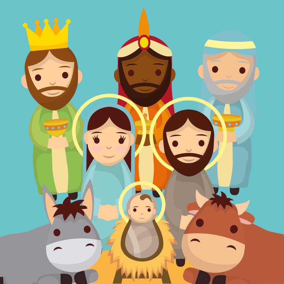 lindos personajes de la sagrada familia y el pesebre de animales vector