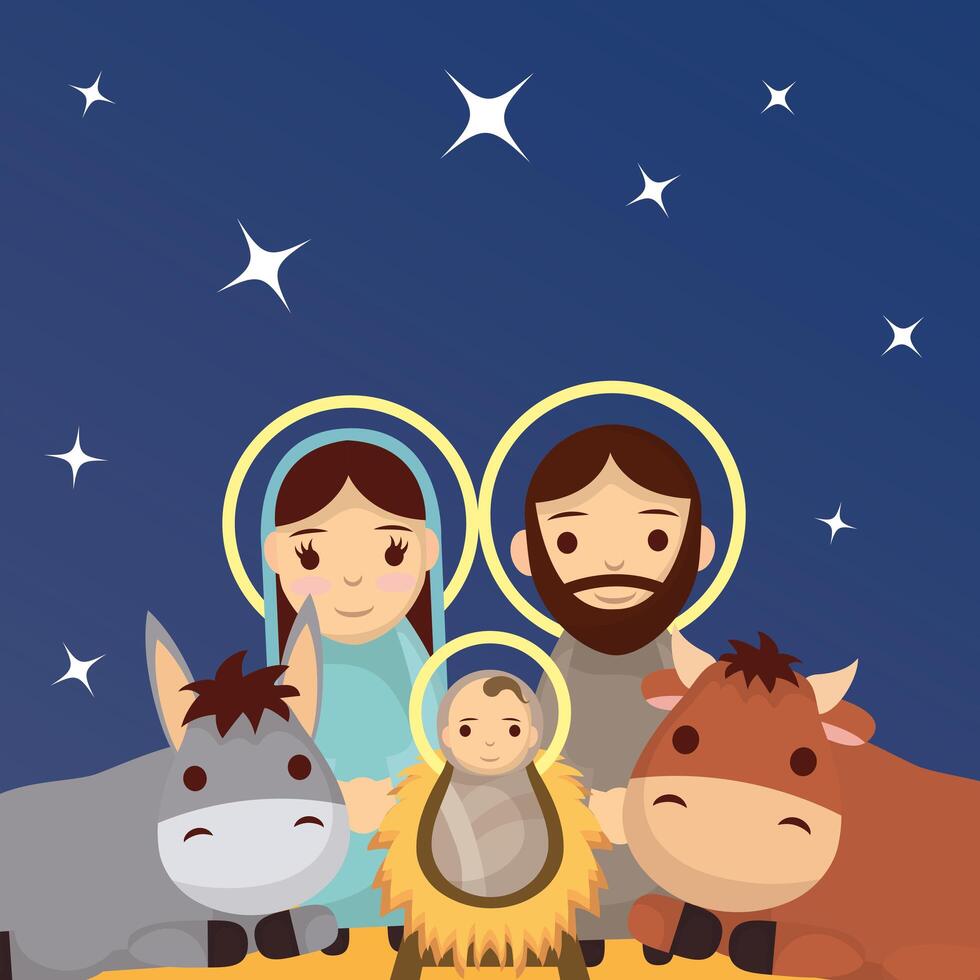 lindos personajes de la sagrada familia y el pesebre de animales vector