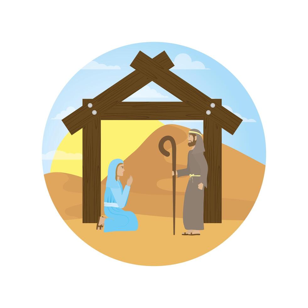 cute virgin mary and saint joseph manger characters vector