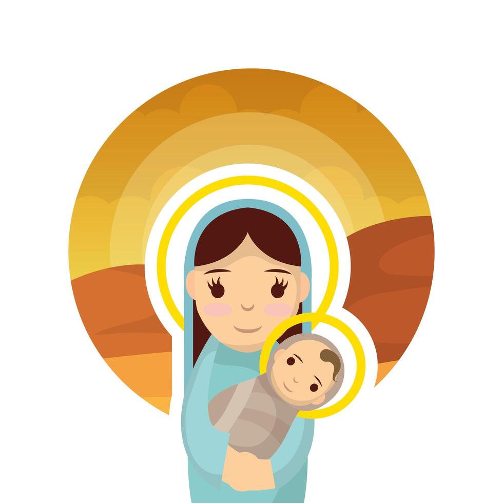 Cute Virgin Mary With Jesus Baby Manger Characters Vector Art At Vecteezy