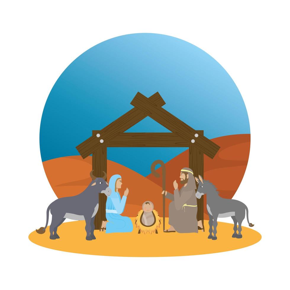 cute holy family and animals manger characters vector