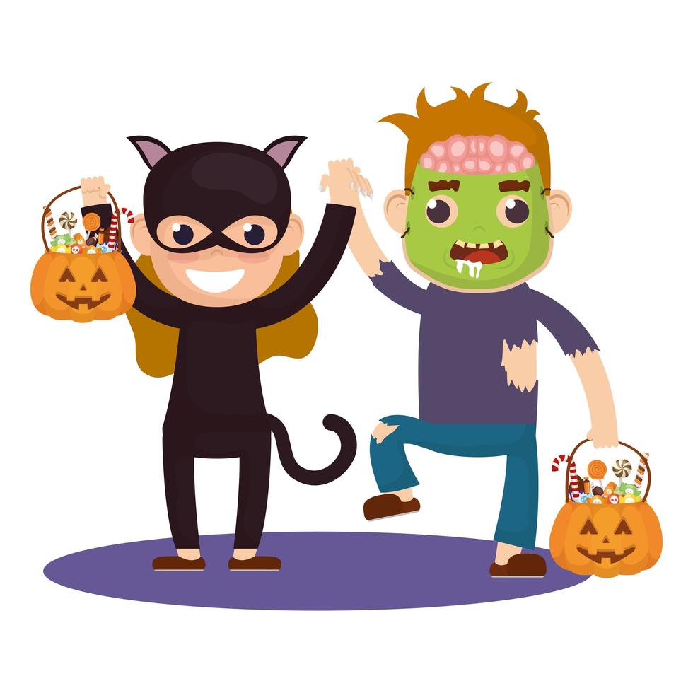 little kids in Halloween costumes vector