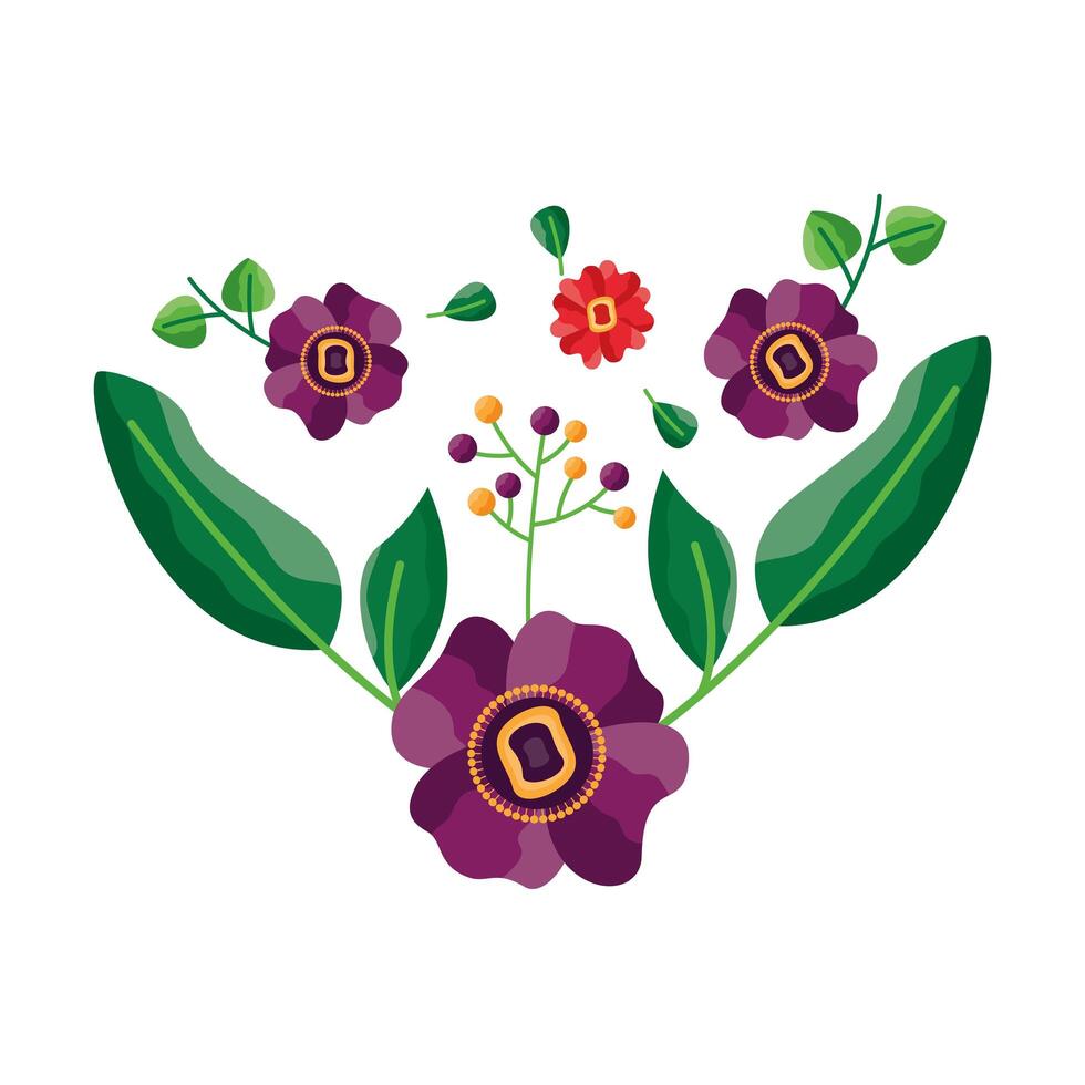 flores aisladas con hojas de diseño de adorno vector