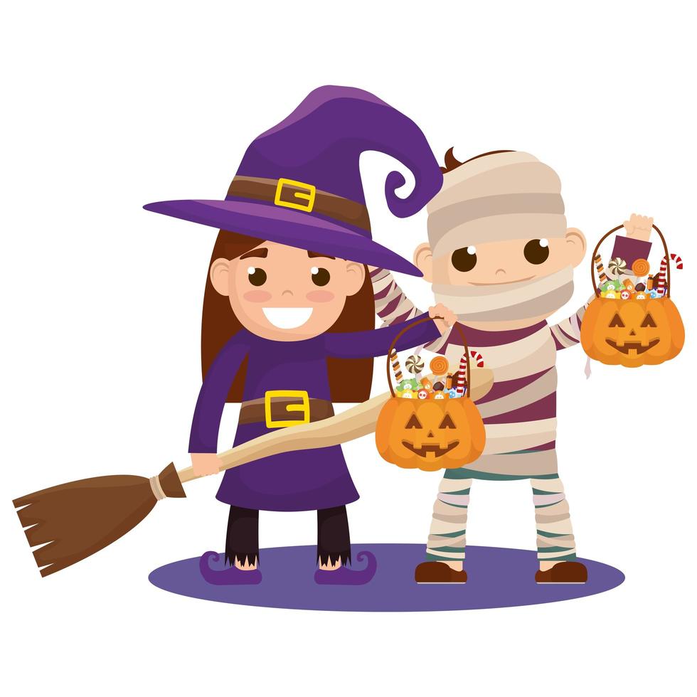 little kids in Halloween costumes vector