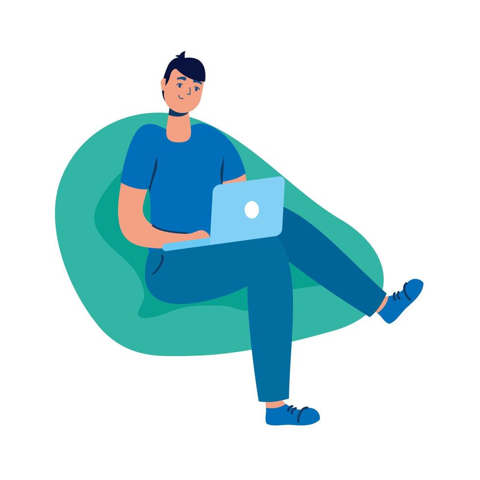 young man using laptop seated in sofa vector