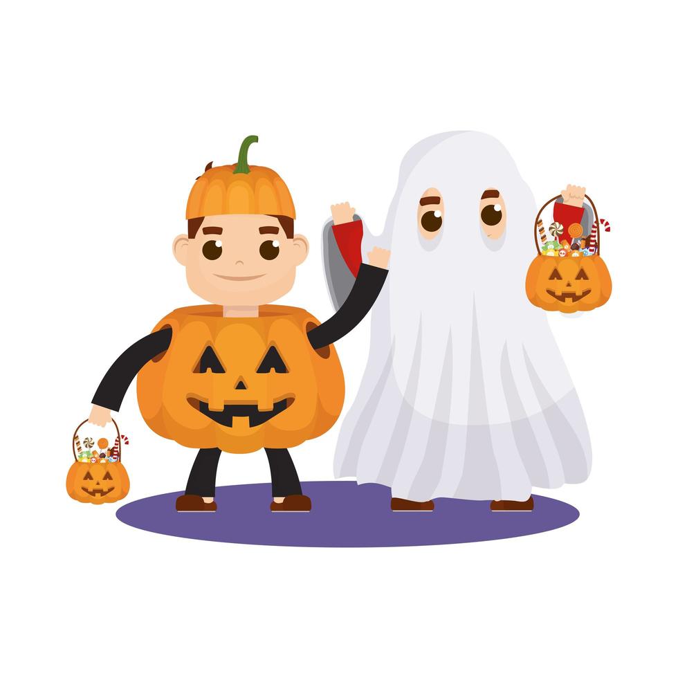 little kids in Halloween costumes vector