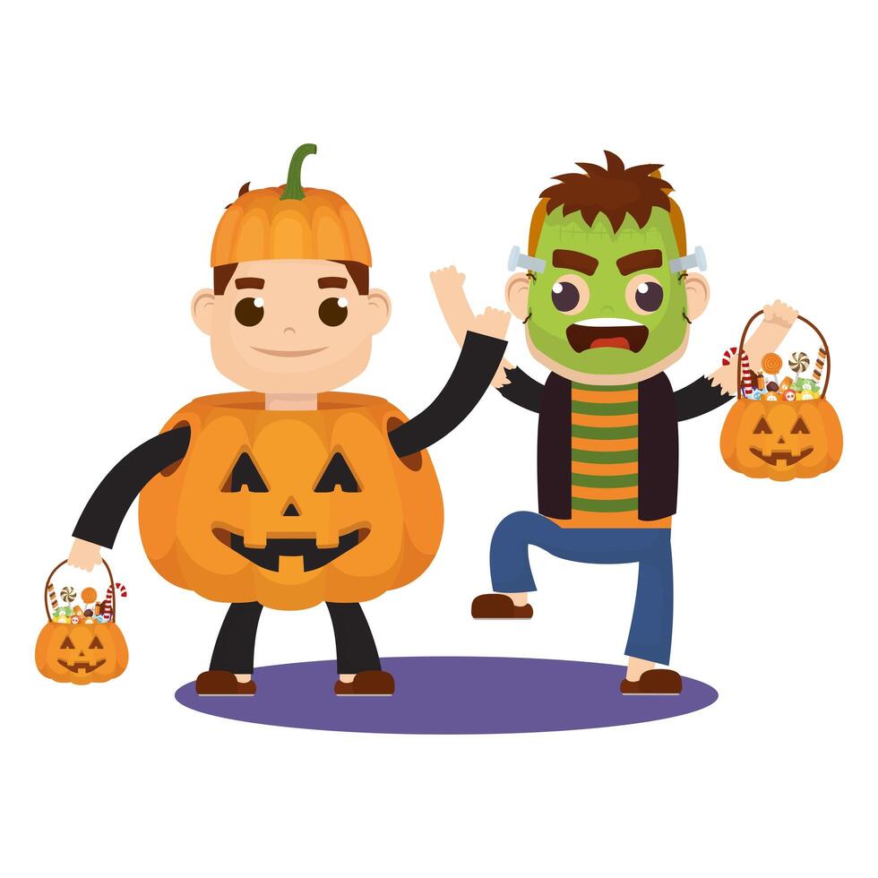 little kids in Halloween costumes vector