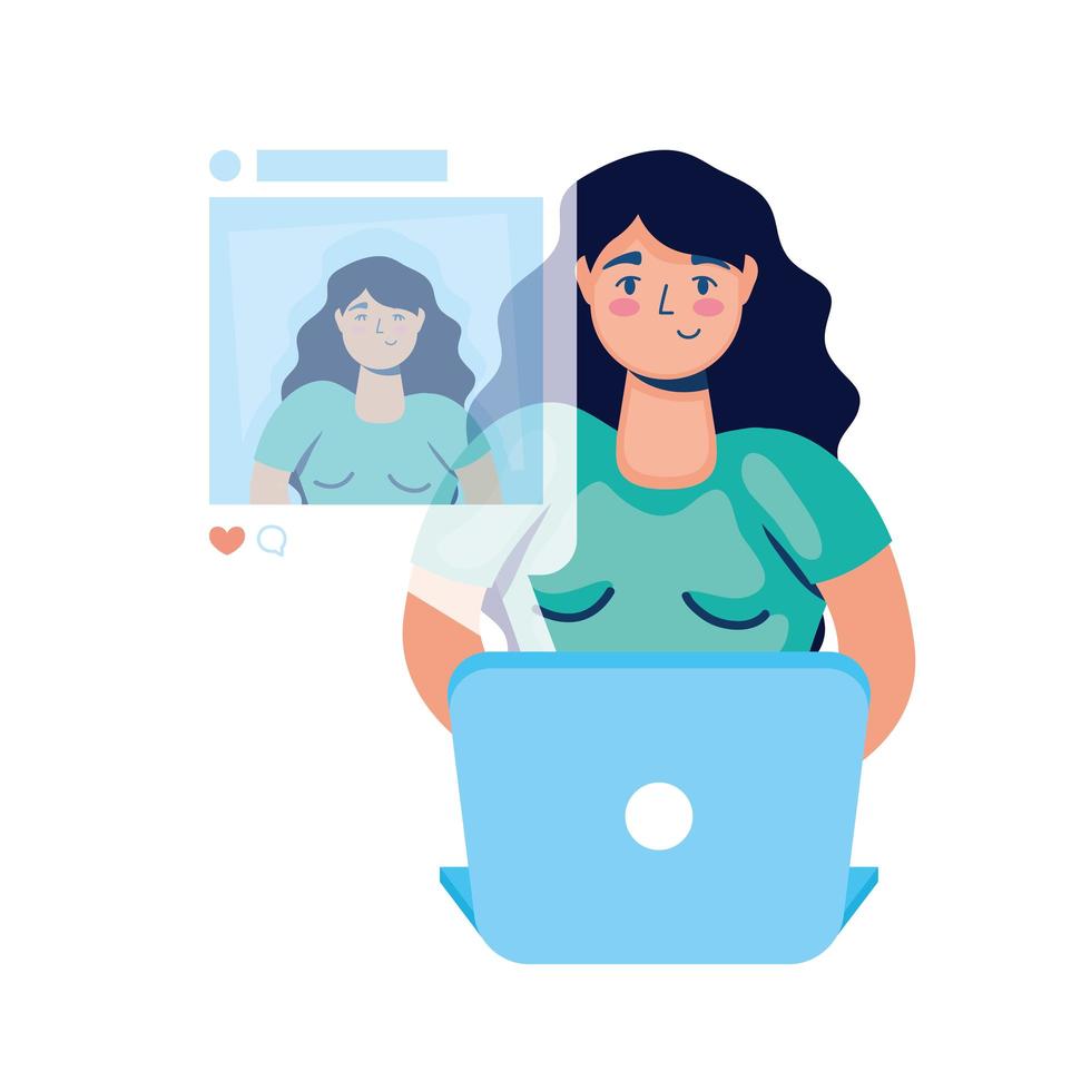 young woman using laptop and social media vector