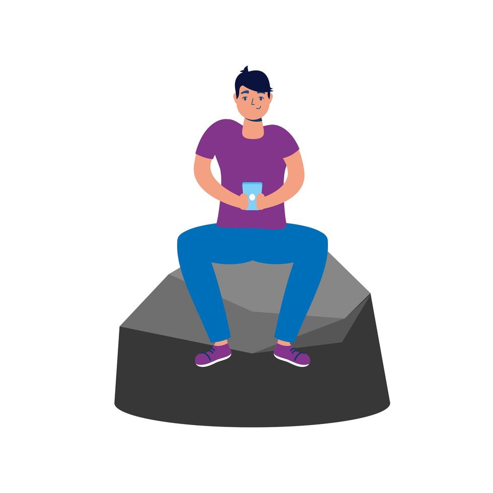 young man using smartphone seated on rock vector