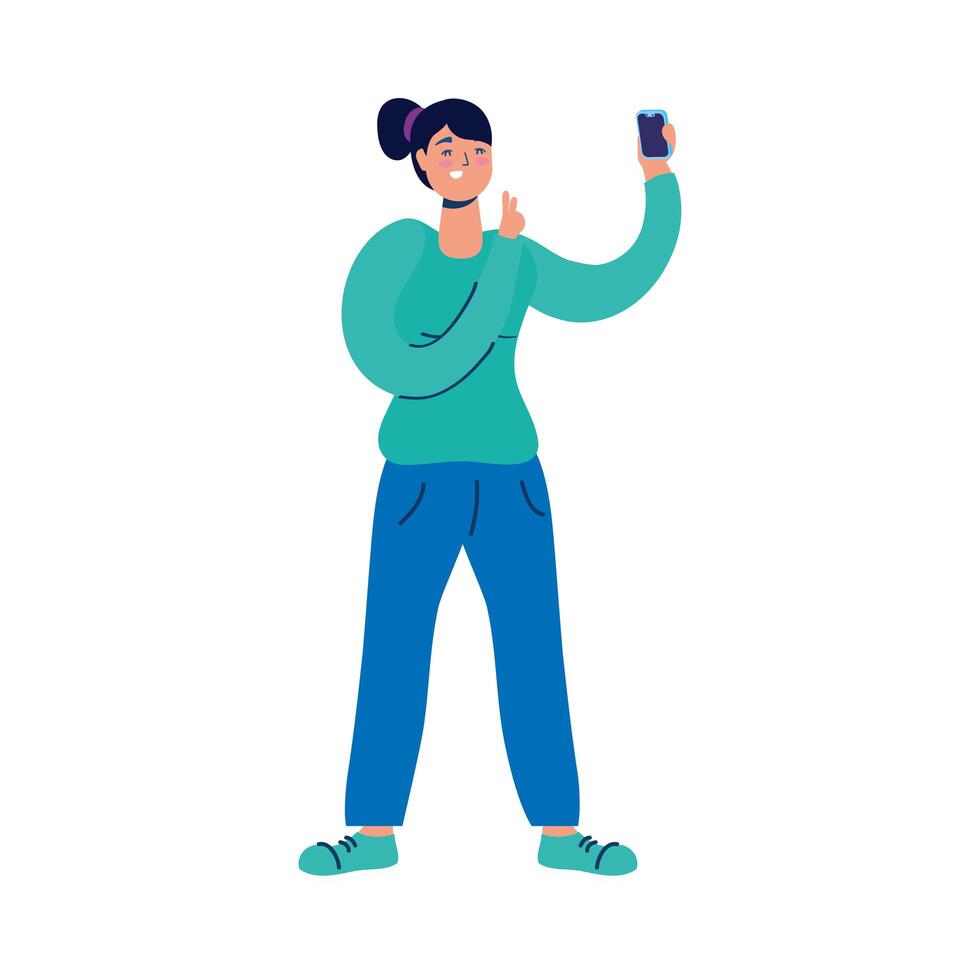 mujer joven con carácter de teléfono inteligente vector