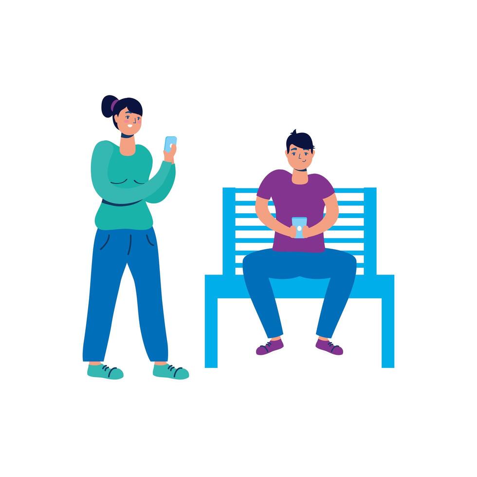 young couple using smartphones on park bench vector