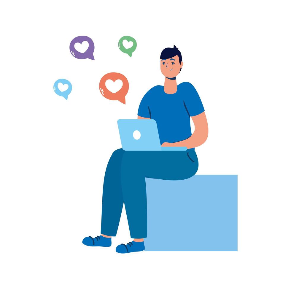 young man using laptop and social media tech vector