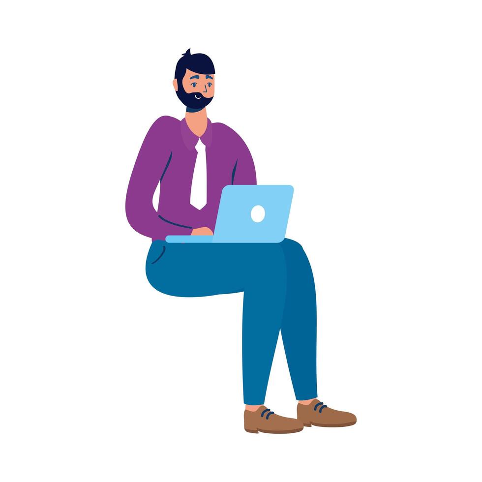 young man using laptop seated character vector