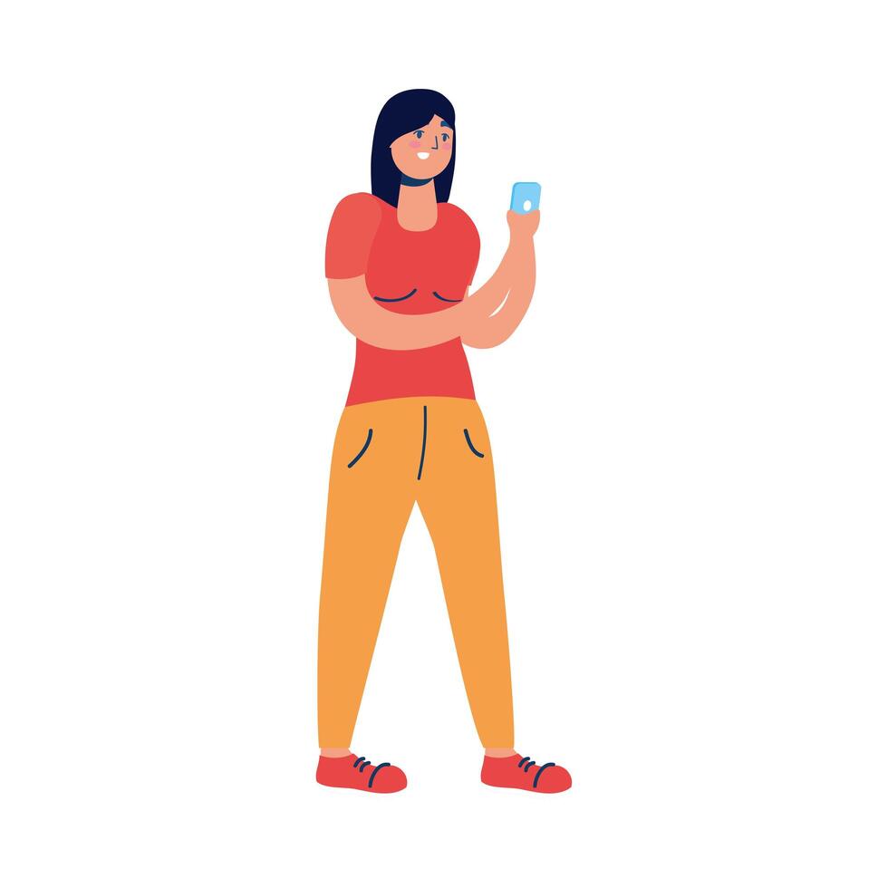 mujer joven con carácter de teléfono inteligente vector