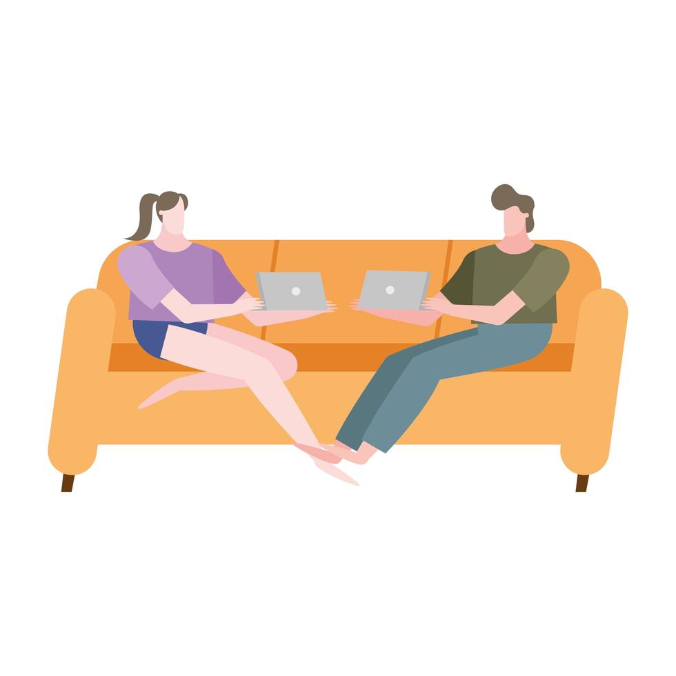 woman and man with laptop on couch at home vector design