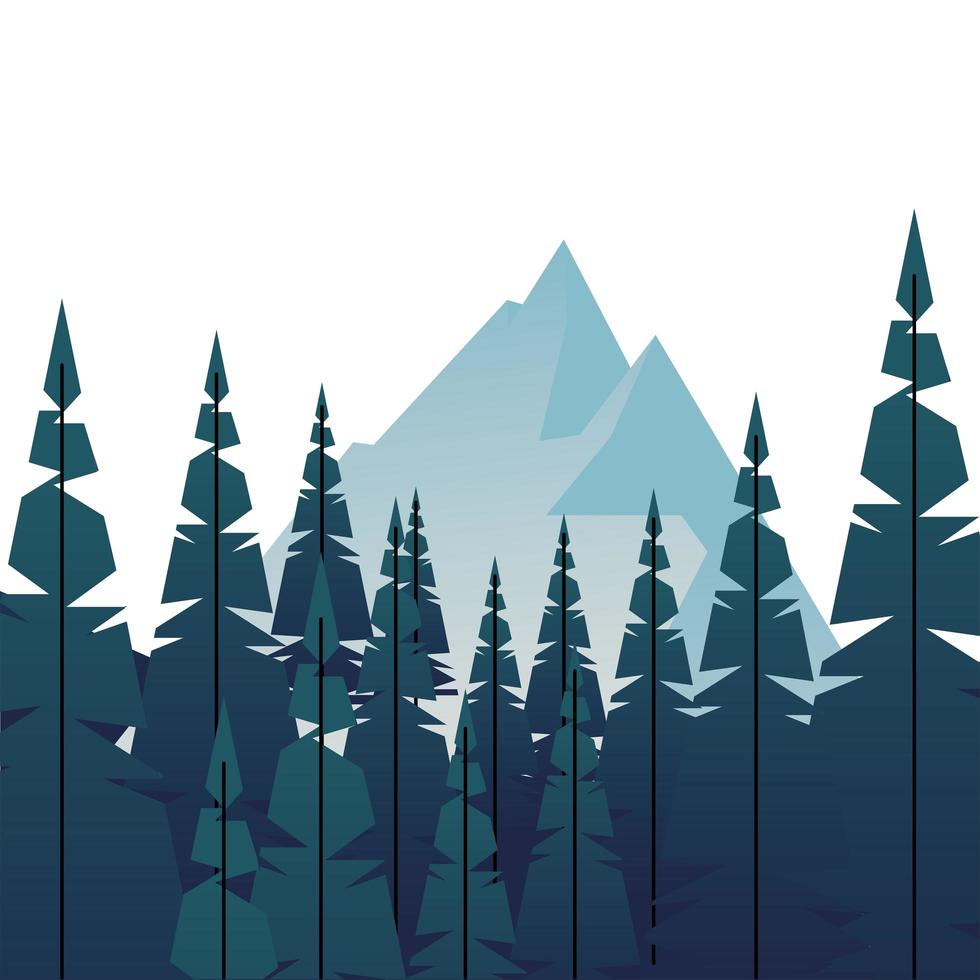escena de paisaje de temporada de invierno con bosque de pinos y montañas vector