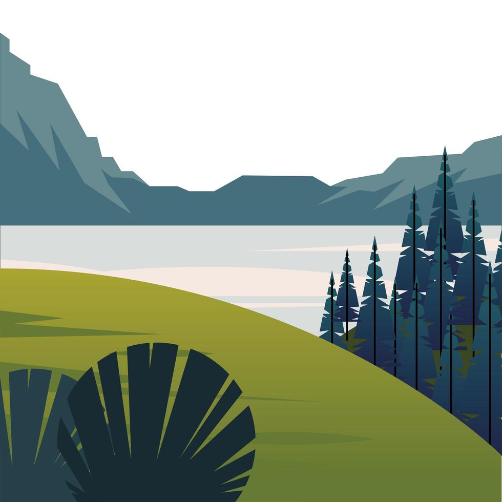 escena de paisaje de temporada de invierno con bosque de pinos y lago vector