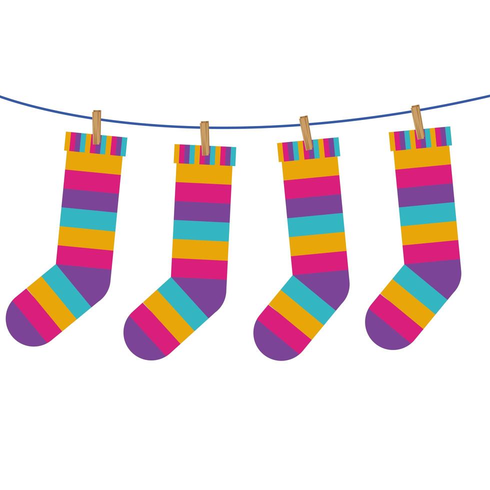 calcetines con rayas de colores colgando en línea vector