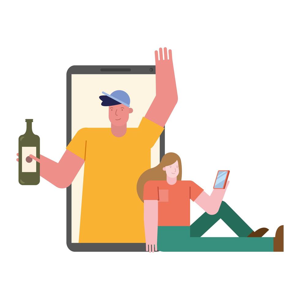 pareja joven, celebrar, con, botella de vino, en, smartphone vector