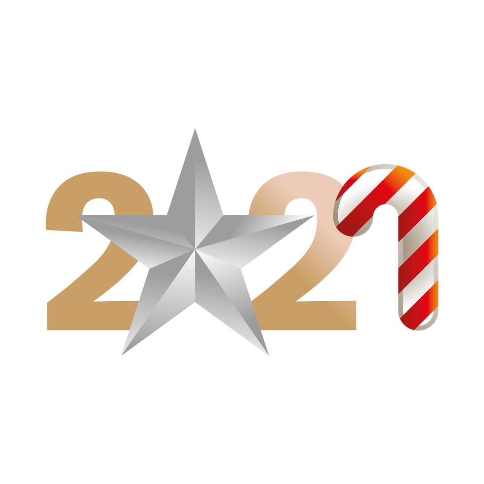 Decoración de números del año 2021 con icono de estrella plateada vector