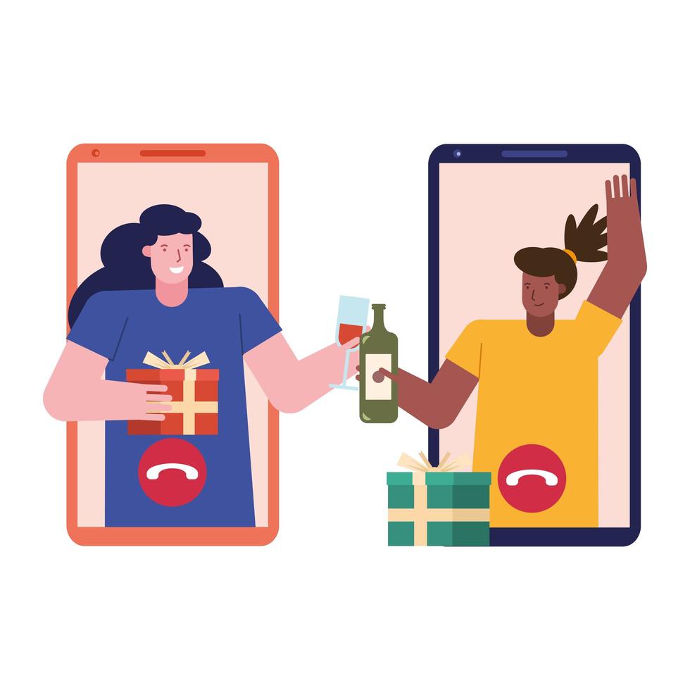 young women celebrating with wine and gifts in smartphone vector