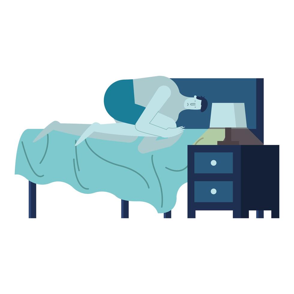 young man with insomnia in bedroom vector