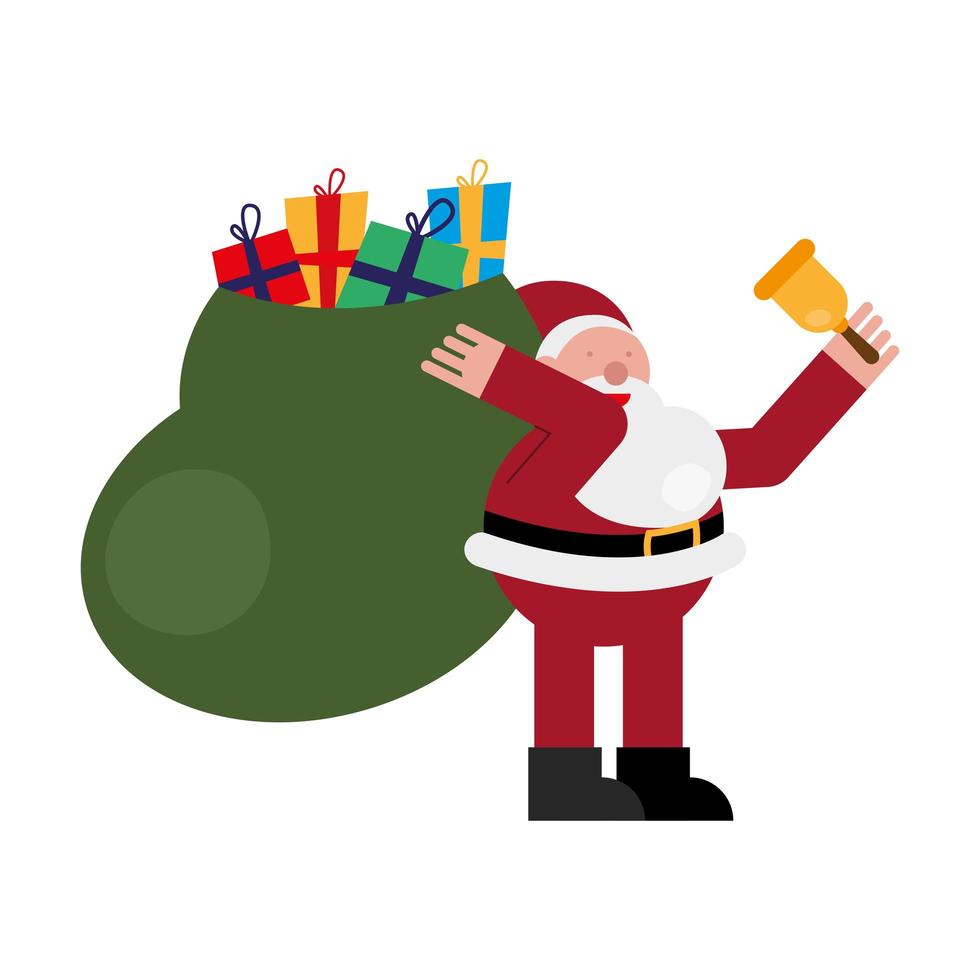 navidad santa claus con campana y bolsa de regalos vector