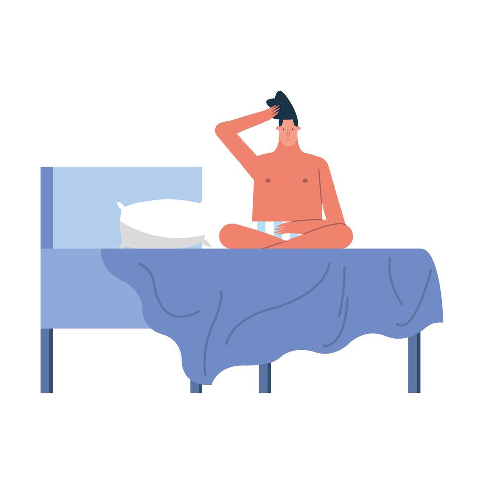 young man with insomnia in bed vector