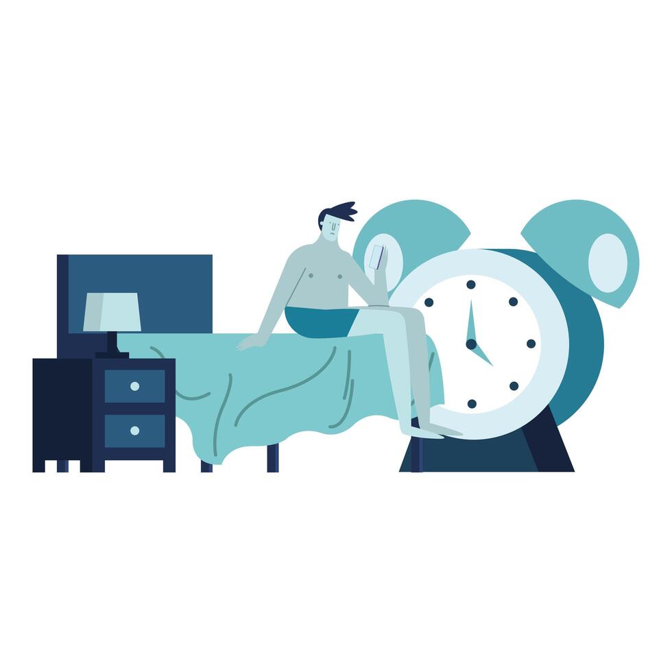 young man with insomnia in bedroom with alarm clock vector